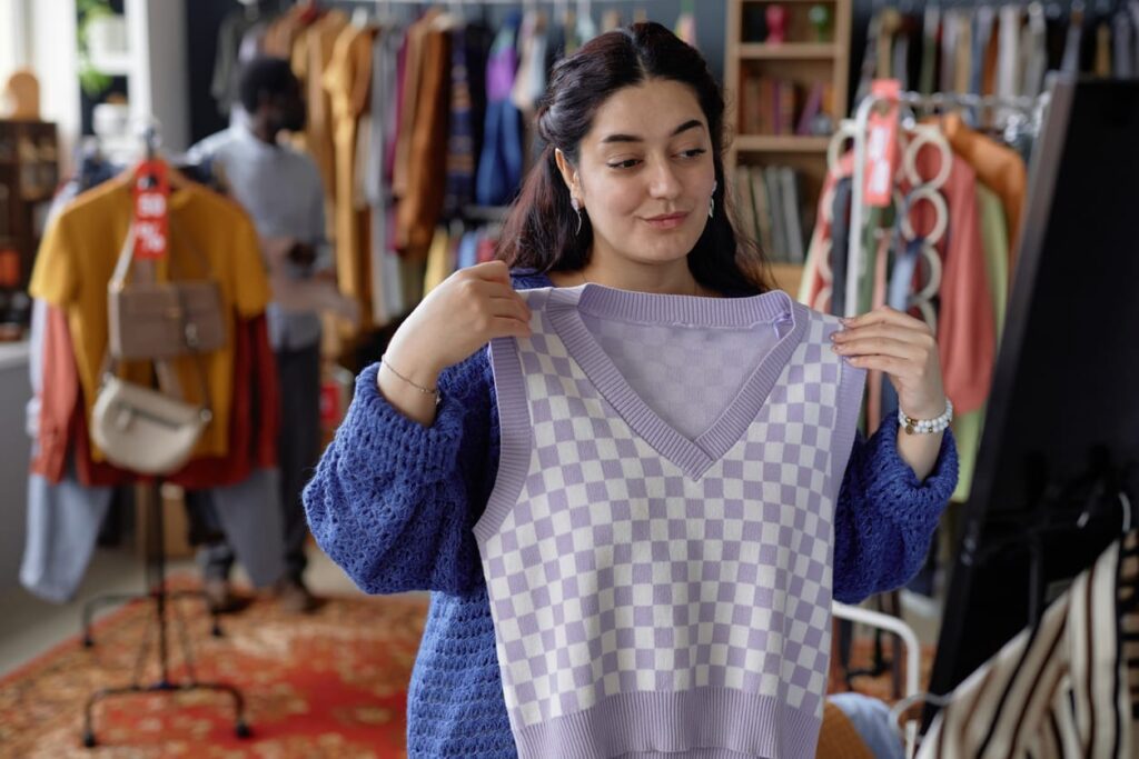 Woman trying on outfit in clothes store